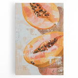 Black and white stretched canvas depicting assorted fruits, ideal for kitchen wall art.
