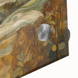 Large abstract wall art depicting autumnal trees on acrylic glass, with earthy orange and brown tones.