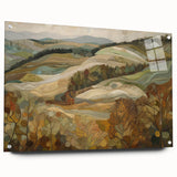 Large abstract wall art depicting autumnal trees on acrylic glass, in warm orange and red tones.