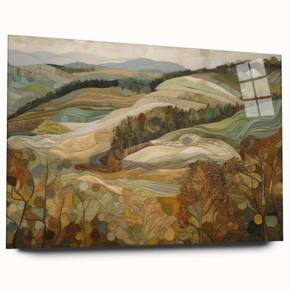 Large abstract wall art in mid-century modernist style, featuring autumnal hues on acrylic glass.