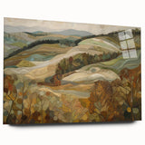 Large abstract wall art in mid-century modernist style, featuring autumnal hues on acrylic glass.