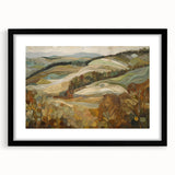 Extra large abstract art print with vibrant autumn hues on textured canvas, framed in black, ideal for living room decor.