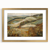 Extra large abstract art print featuring textured autumnal hues on a gold-framed canvas, suitable for living room decor.