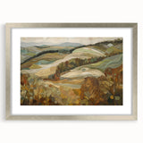 Textured abstract art print in warm autumn hues, framed in silver, ideal for bedroom decor.