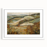 Abstract art print depicting autumnal trees in orange and red tones on a white framed canvas, suitable for dining room decor.