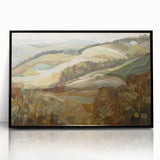 Large abstract wall art depicting fall colors in mid-century modernist style on black framed acrylic.