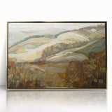 Framed acrylic print featuring a mid-century modernist fall scene with warm gold and orange tones.