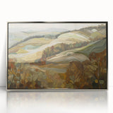 Mid-century modernist art depicting an abstract fall scene in warm orange and brown tones, framed in silver acrylic.