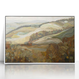 Art deco poster featuring an abstract fall scene in muted orange and brown tones, acrylic print in a white frame.