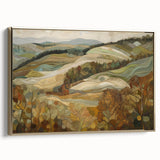 Framed canvas wall art depicting a vintage-style landscape with fall foliage in muted gold and black tones.