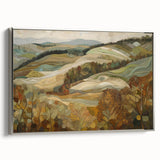Framed canvas depicting a vintage-style landscape with fall trees in vibrant colors, ideal for living room decor.