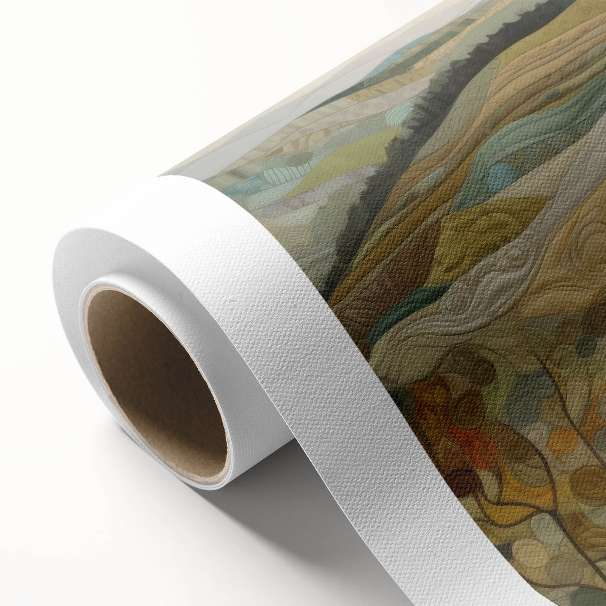 Art deco poster of autumn trees in orange and yellow hues on rolled canvas, ideal for nursery wall art.