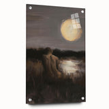 Abstract figurative acrylic art piece displayed on glass, showcasing vibrant colors and intricate details, with decorative pins enhancing its modern aesthetic.