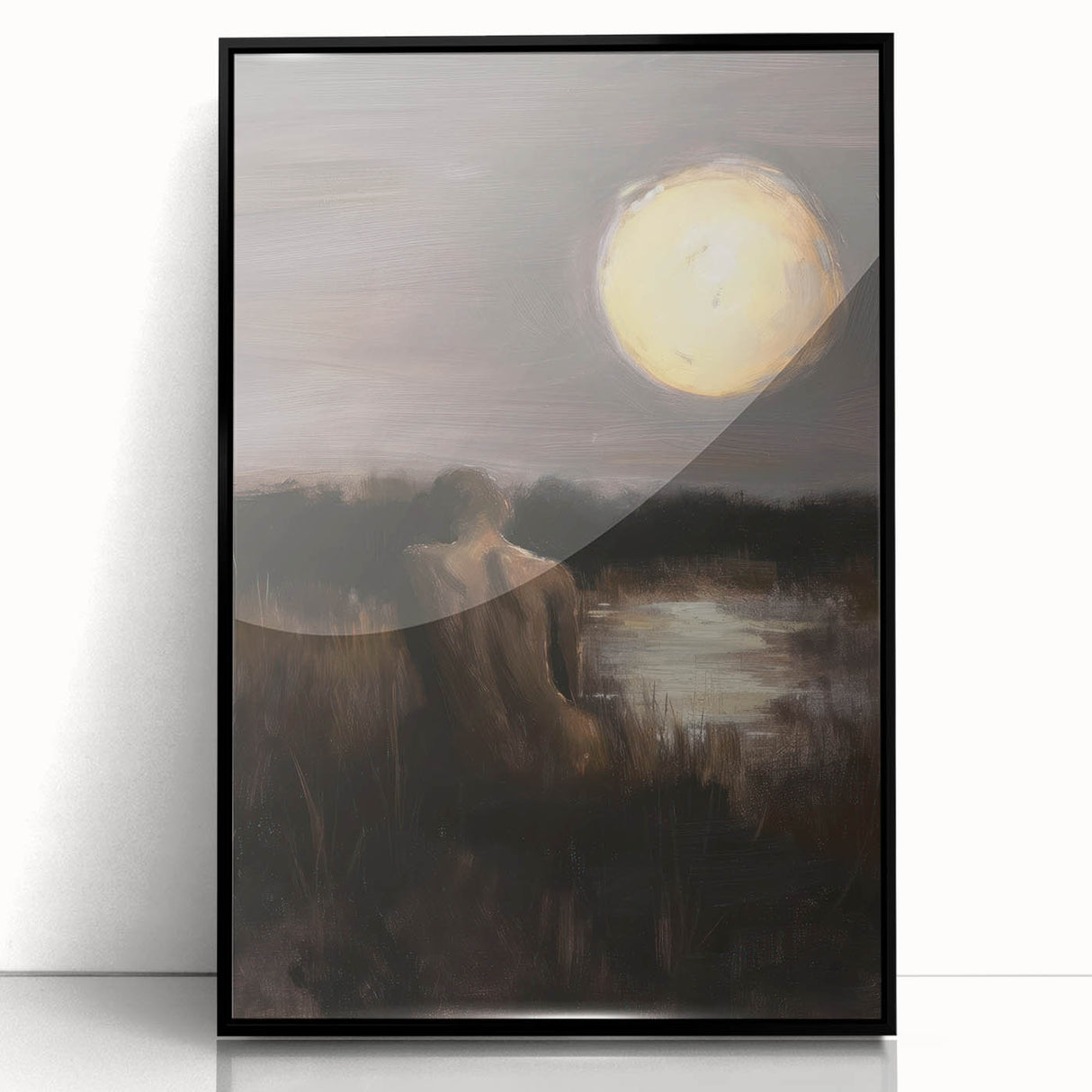 Abstract figurative art piece framed in black acrylic, showcasing vibrant colors and dynamic shapes, ideal for modern home decor and artistic expression.