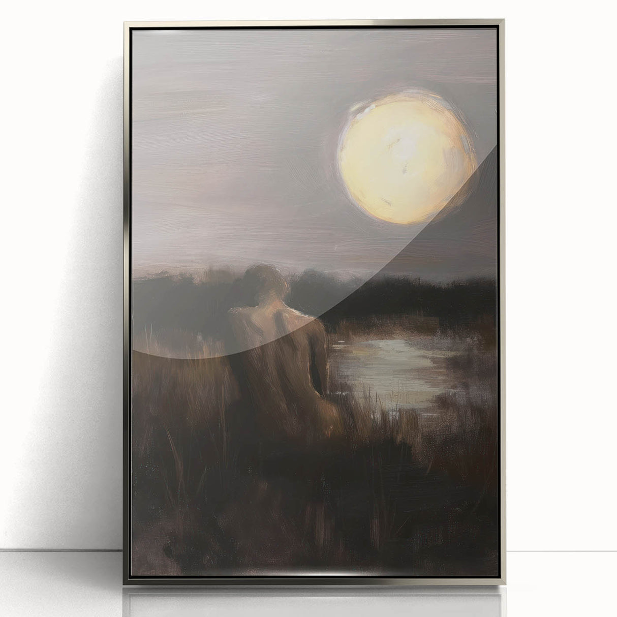 Framed abstract figurative artwork with silver accents, showcasing a modern design that enhances contemporary interiors, perfect for home or office decor.