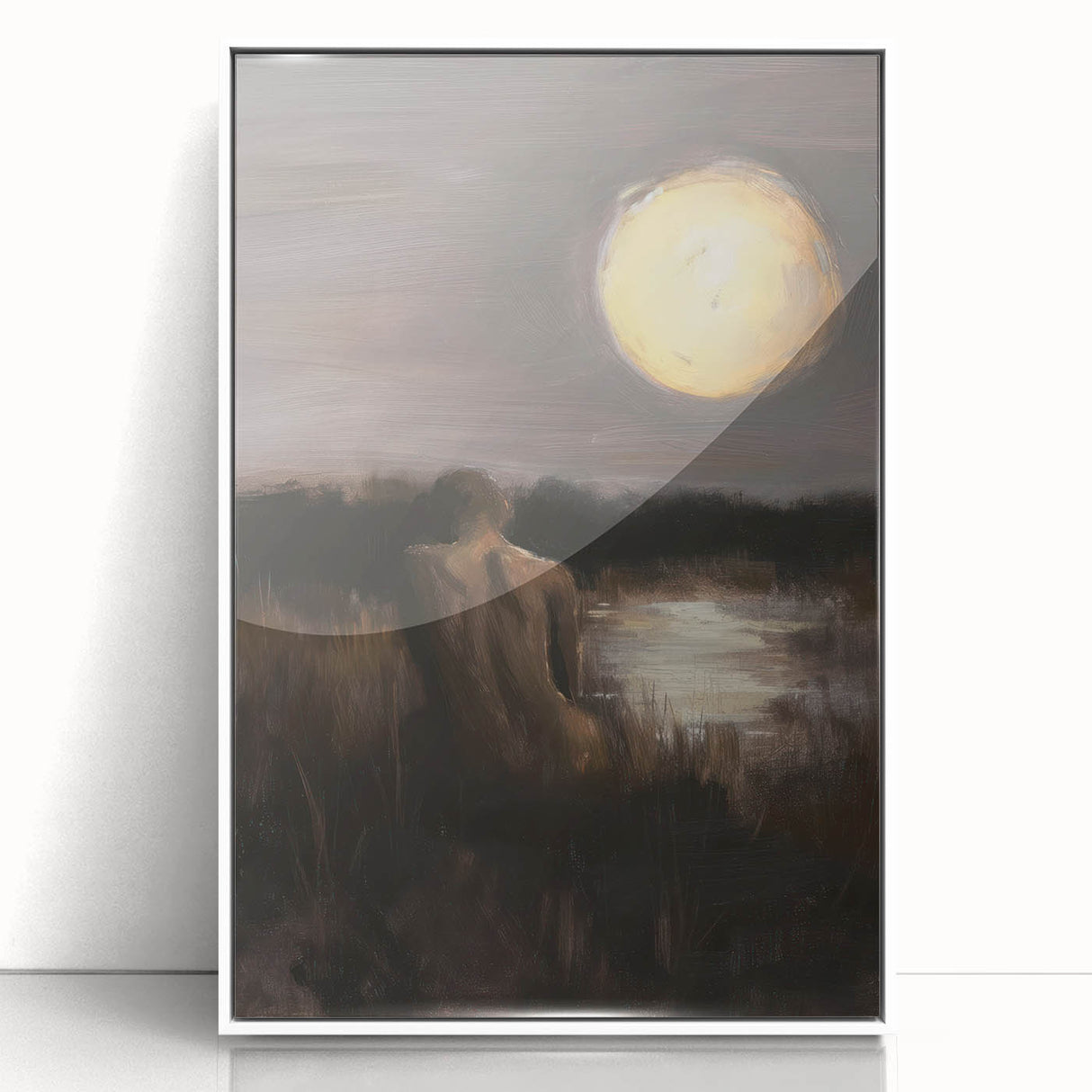 Abstract figurative art piece framed in white acrylic, showcasing vibrant colors and dynamic shapes, perfect for modern home decor and artistic expression.