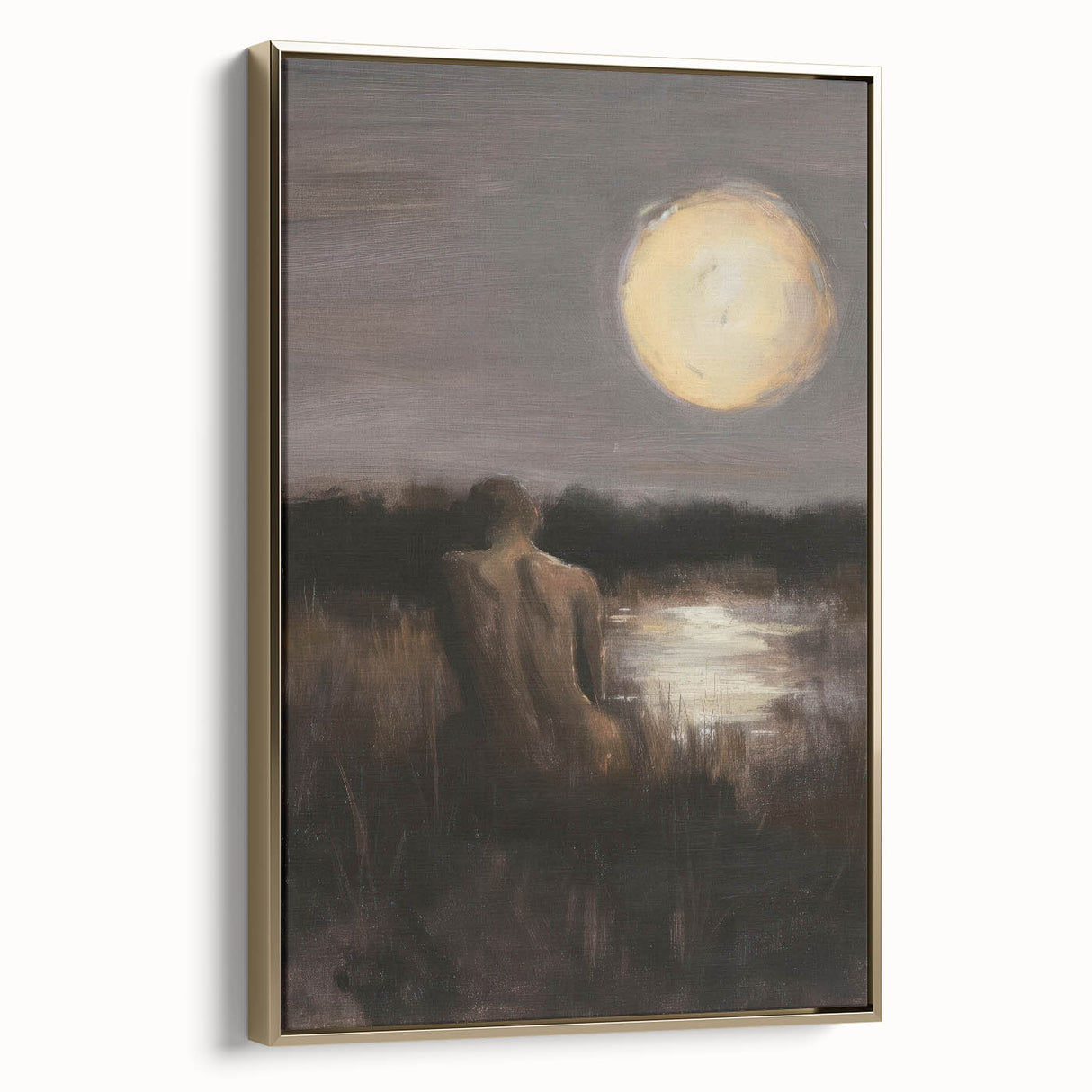 Framed abstract figurative canvas artwork with a gold frame, showcasing modern design elements and intricate details, perfect for contemporary home decor.