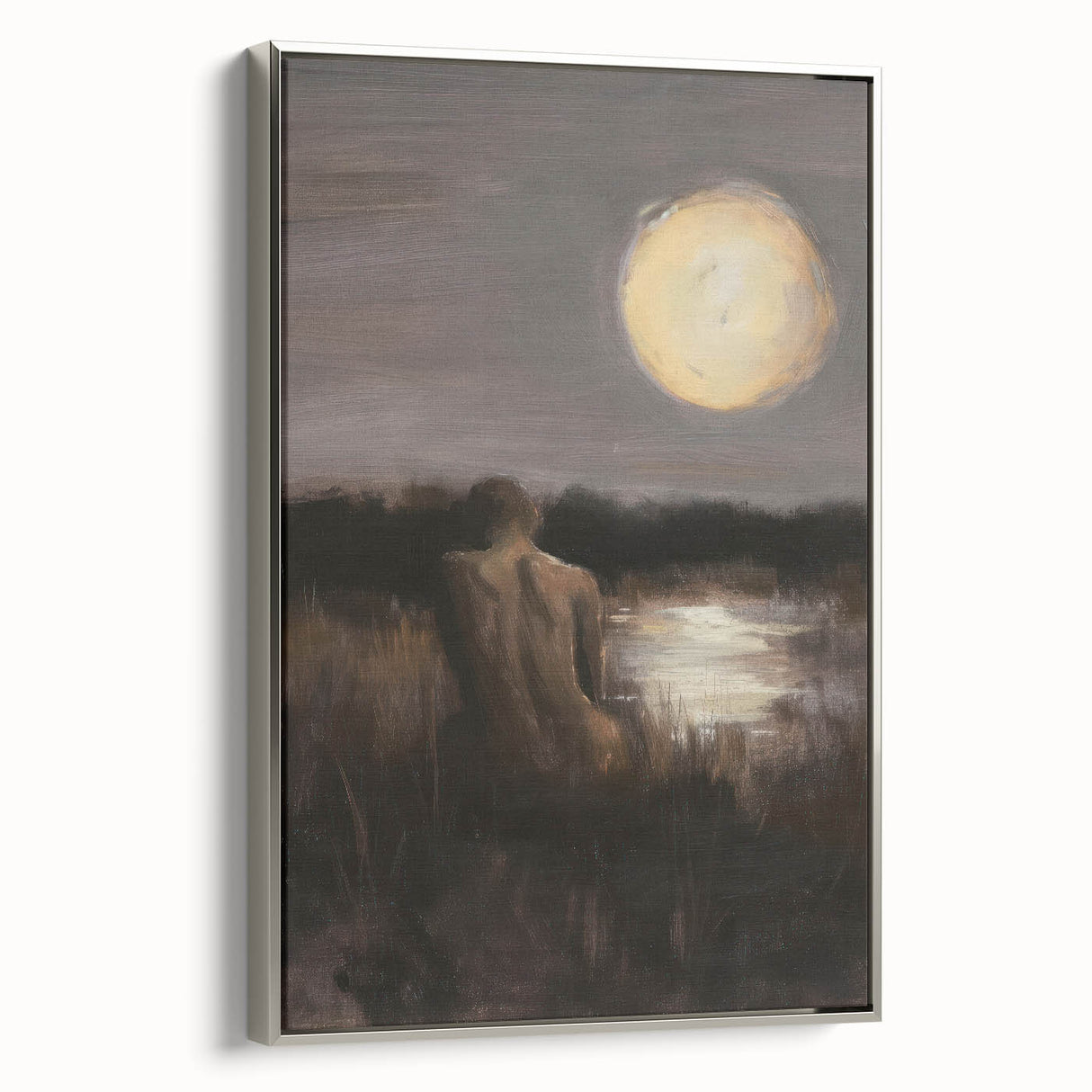 Framed abstract figurative canvas artwork showcasing a silver frame and vibrant colors, elegantly displayed from a side view, perfect for modern home decor.