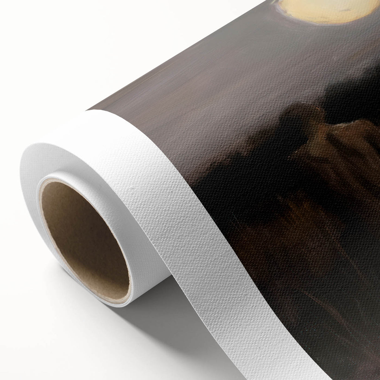 Abstract figurative art on rolled canvas showcasing vibrant colors and dynamic shapes, packaged securely in a durable cardboard tube for safe delivery.