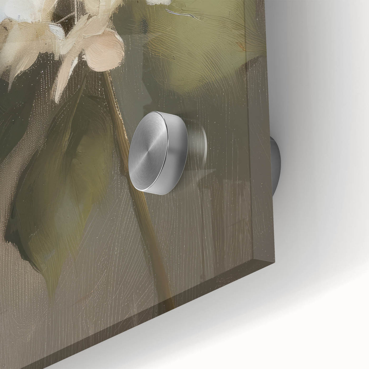 Close-up view of vibrant abstract floral acrylic artwork on glass, showcasing intricate details and rich colors, perfect for modern home decor.