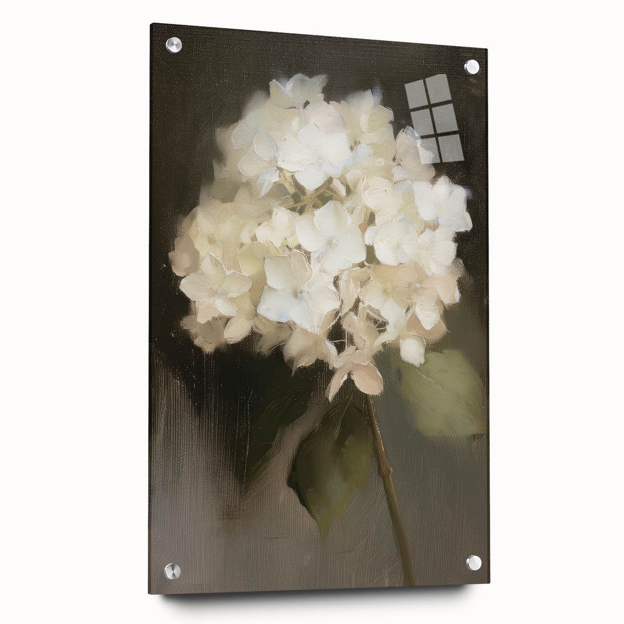 Abstract floral art piece displayed in a side view, featuring vibrant colors and intricate patterns, mounted with pins on a clear acrylic glass background, ideal for modern decor.