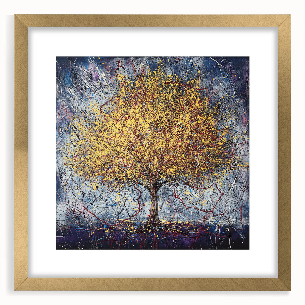 Abstract floral frame with a gold mat, showcasing vibrant colors and intricate designs, perfect for enhancing home decor and adding elegance to any space.