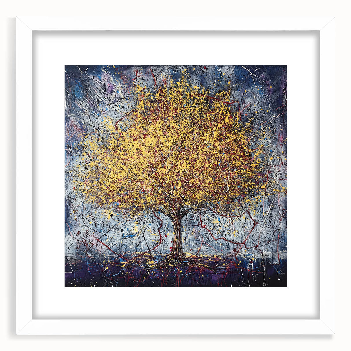 Abstract floral design framed in white matting, showcasing vibrant colors and intricate patterns, ideal for home decor. Perfect for adding elegance to any space.