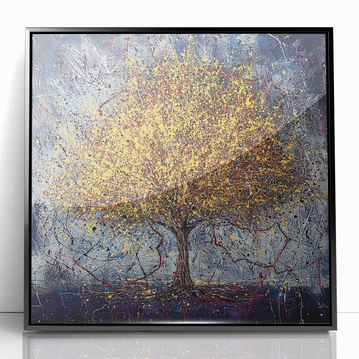 Framed acrylic artwork showcasing a vibrant abstract floral design with bold colors on a black background, ideal for modern home decor and artistic interiors.