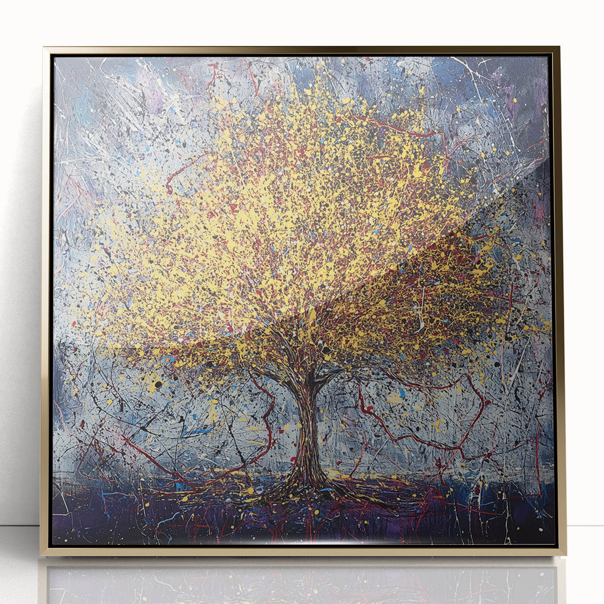 Framed acrylic artwork showcasing vibrant abstract florals in gold tones, elegantly displayed against a modern backdrop, ideal for contemporary home decor.