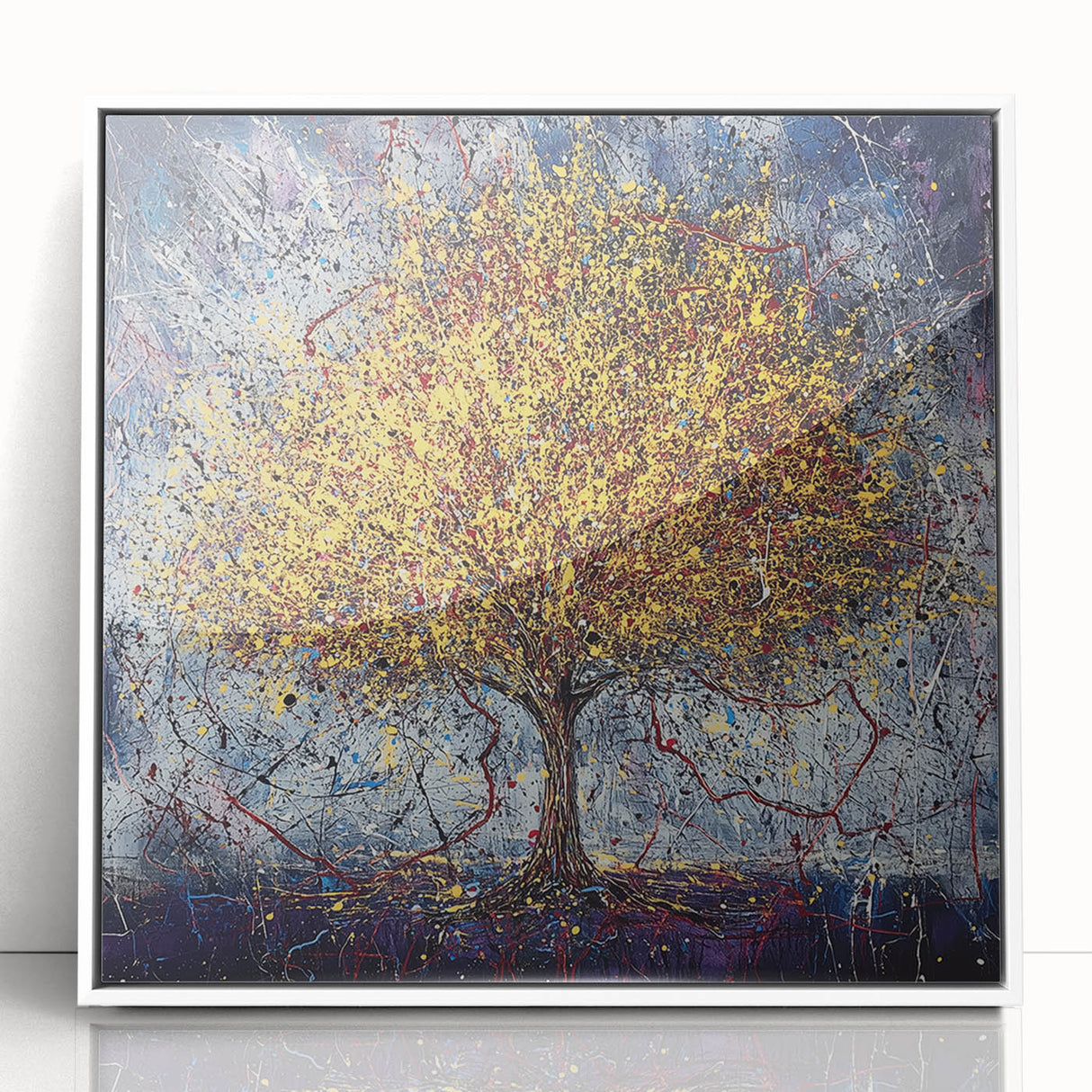 Framed acrylic artwork showcasing an abstract floral design in vibrant colors, set against a sleek white background, perfect for modern home decor accents.