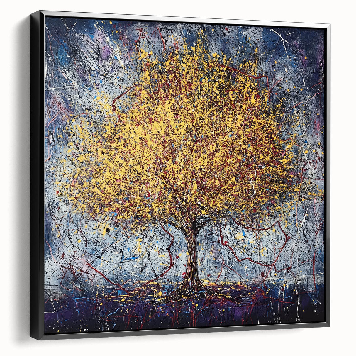Framed canvas artwork showcasing abstract floral designs in vibrant colors, set against a sleek black frame, ideal for modern home decor enhancement.