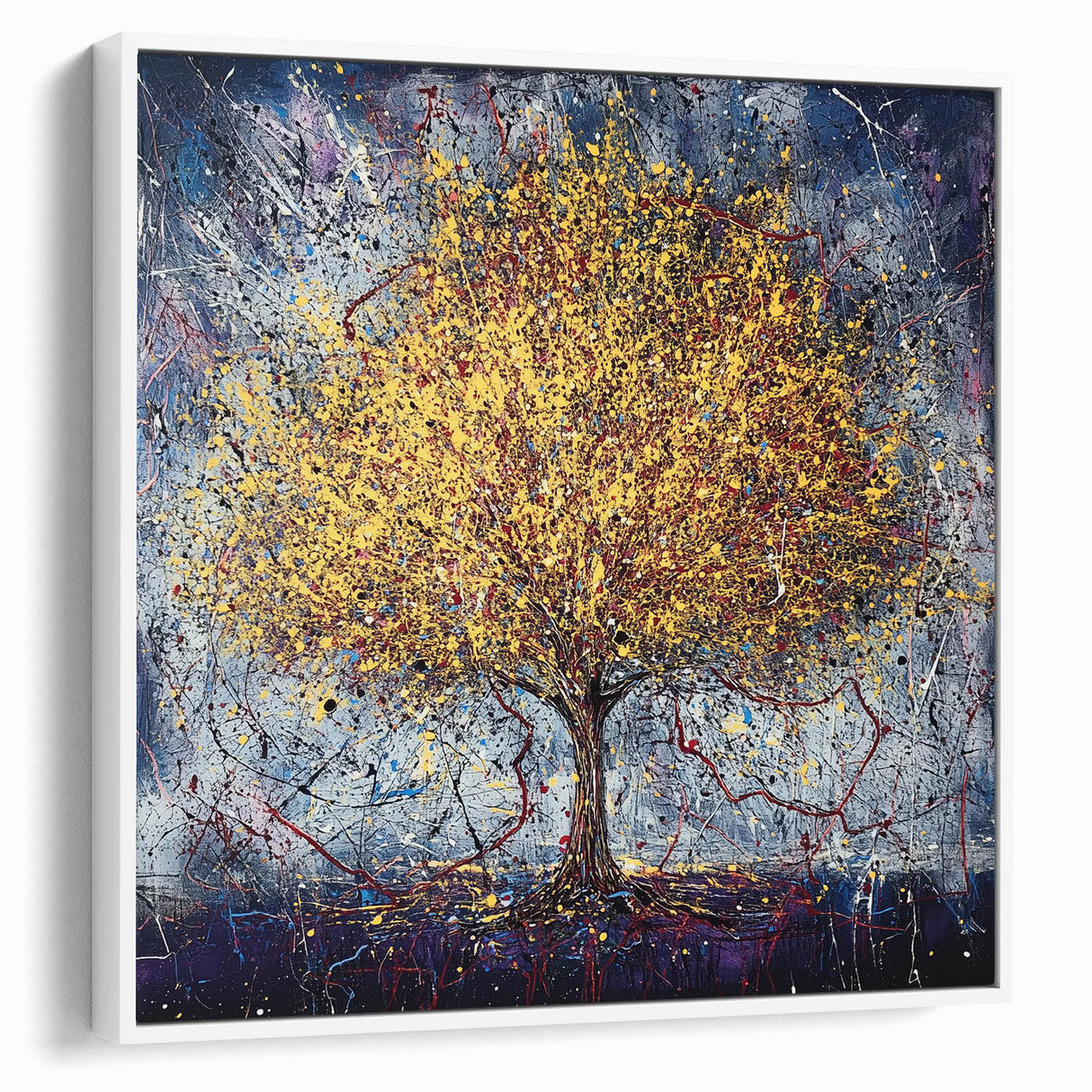 Abstract floral wall art canvas in a white frame, showcasing vibrant colors and intricate patterns, perfect for modern home decor or art enthusiasts.