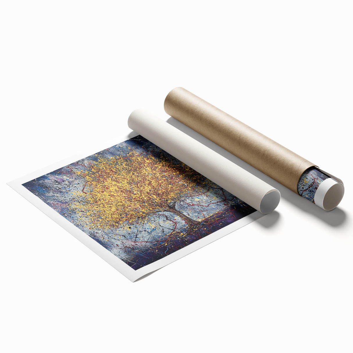 Abstract floral design rolled print showcasing vibrant colors of pink, blue, and yellow flowers with a textured finish, ideal for home decor or art enthusiasts.
