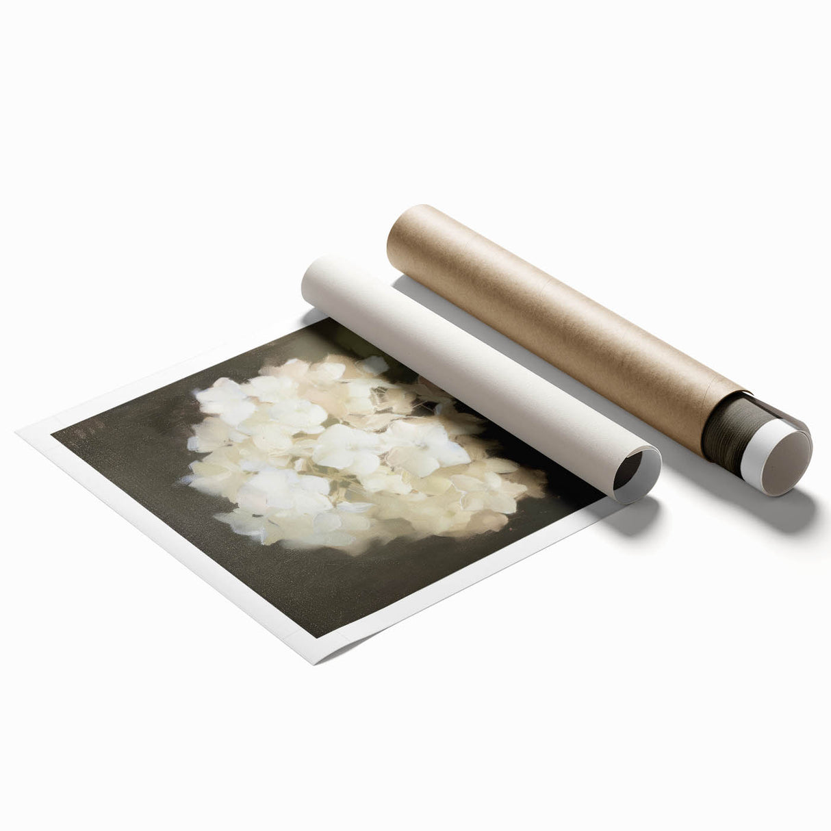 Abstract floral art print featuring vibrant colors like blue, pink, and green with intricate petal designs, rolled and ready for display in a protective tube.