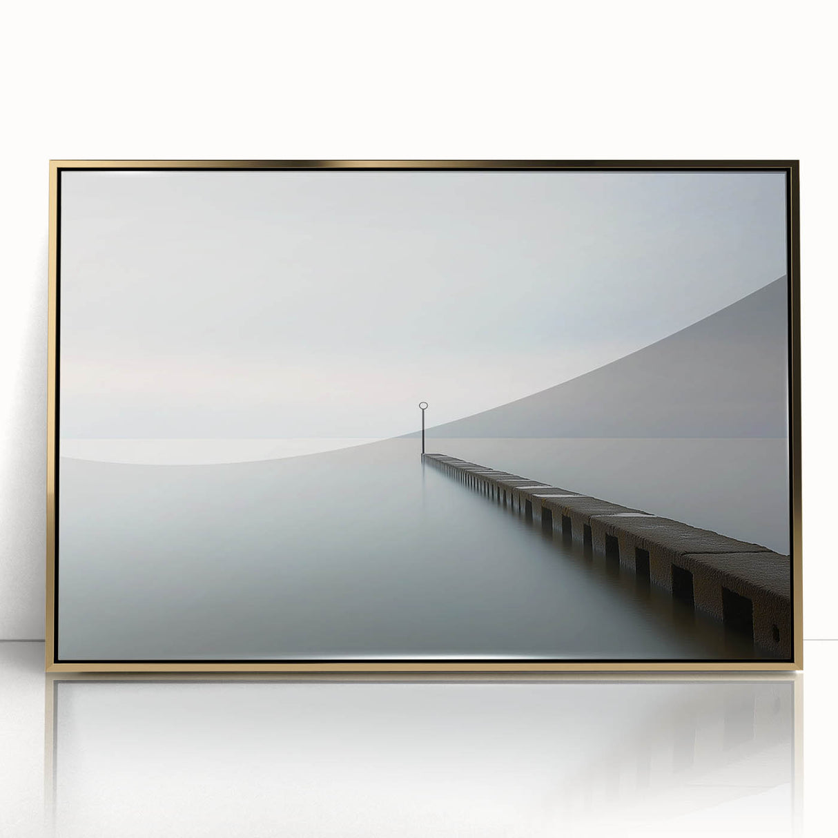 Abstract landscape artwork framed in gold, showcasing vibrant colors and fluid shapes that evoke a serene outdoor scene, ideal for modern decor.