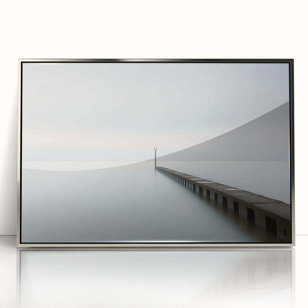 Framed acrylic artwork showcasing an abstract landscape design with shades of silver and gray, perfect for modern home decor or office settings, adding elegance and style.