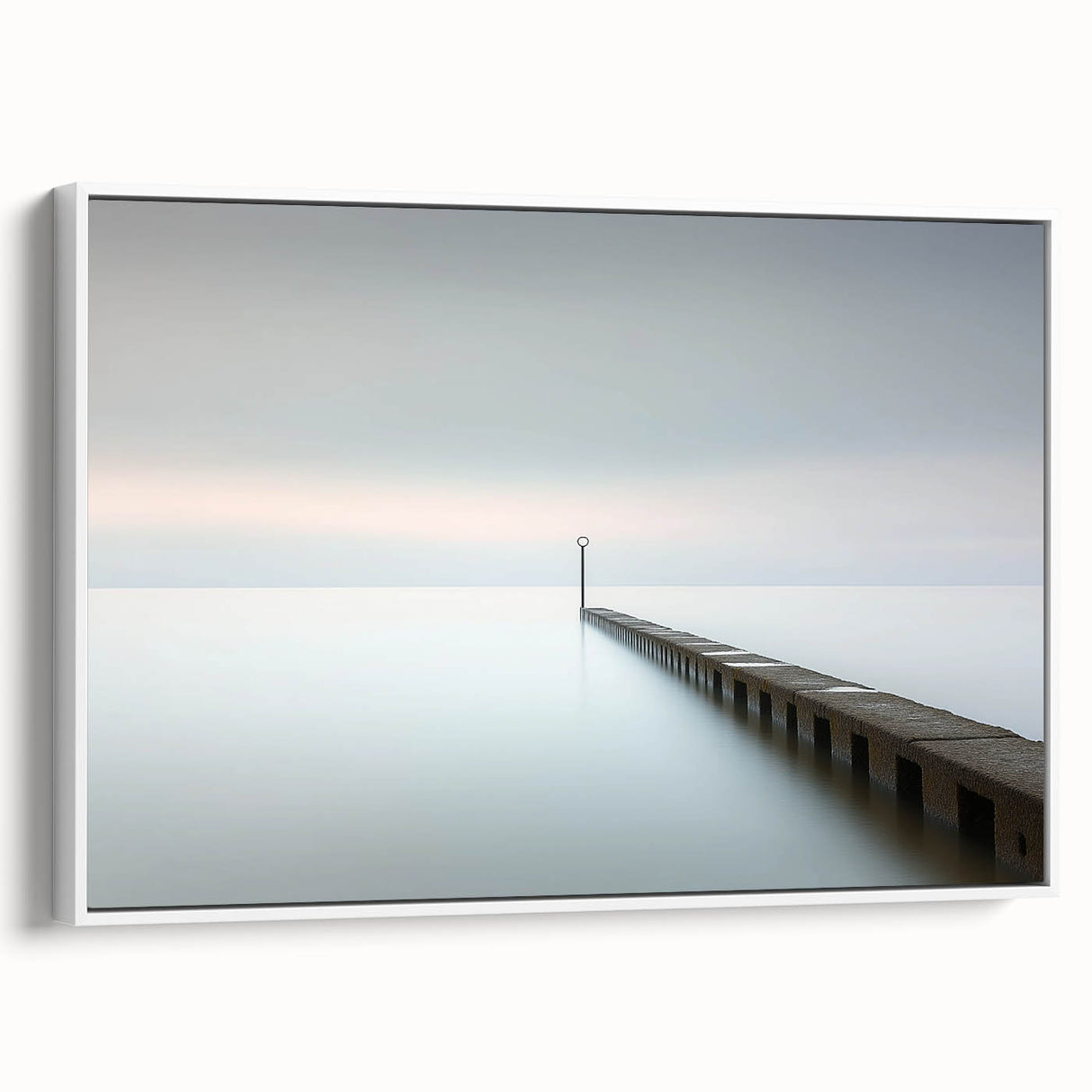 Framed canvas artwork showcasing an abstract landscape design with soft white tones, viewed from the side, perfect for modern home decor and artistic enhancement.