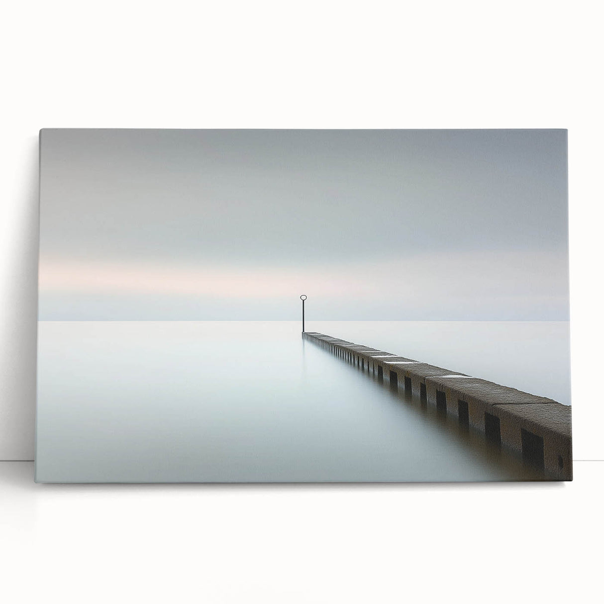 Abstract landscape stretched canvas artwork leaning against a wall, featuring vibrant colors like blue, green, and gold, ideal for modern home decor.
