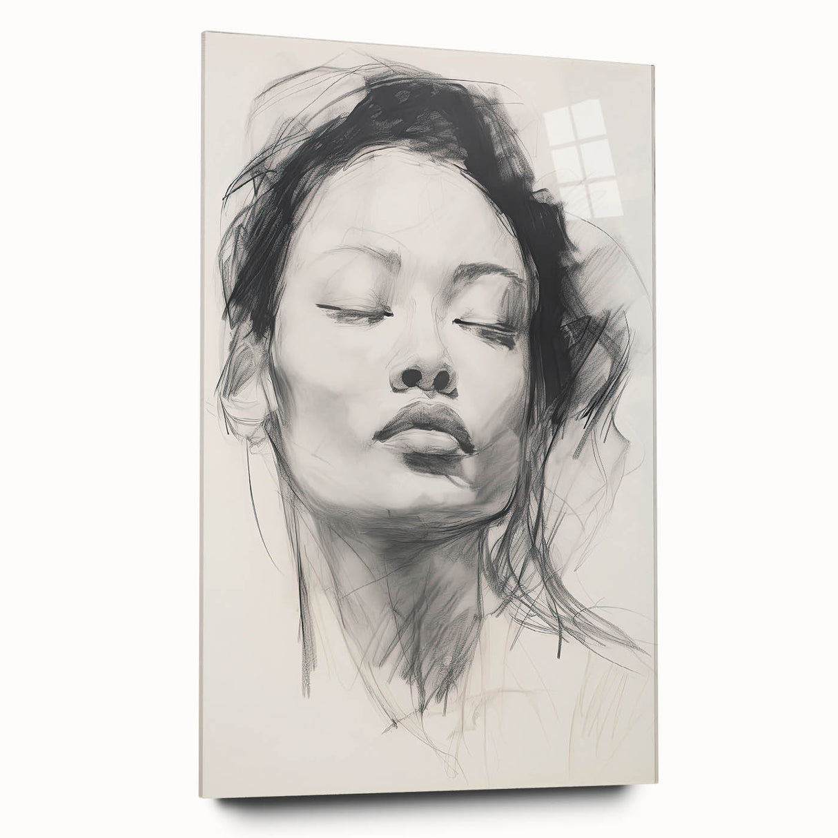 Abstract minimalist wall art design showcased in a side view on acrylic glass, featuring soft color gradients and a sleek modern aesthetic, perfect for contemporary decor.