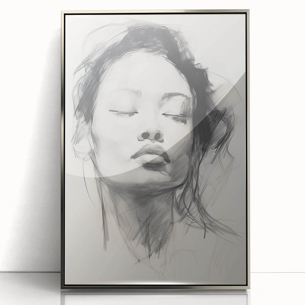 Framed abstract minimalist wall art showcasing a silver-acrylic design, perfect for modern decor, displayed from a front view against a neutral background.