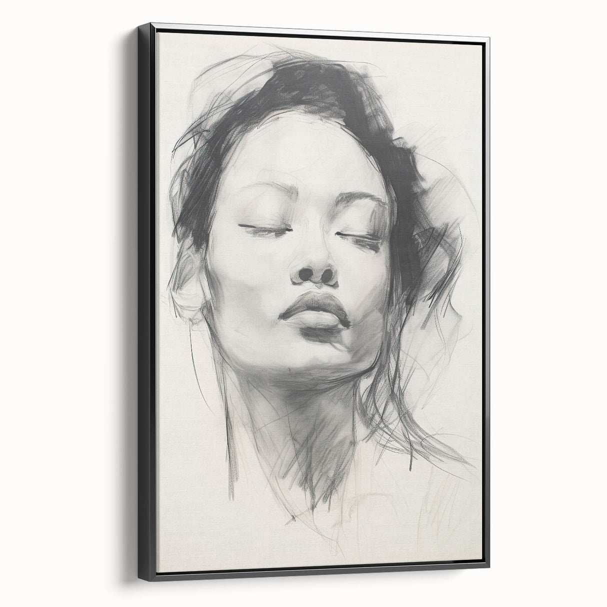 Framed minimalist wall art featuring an abstract design in black, showcasing a sleek side view that emphasizes its modern aesthetic and elegant simplicity.