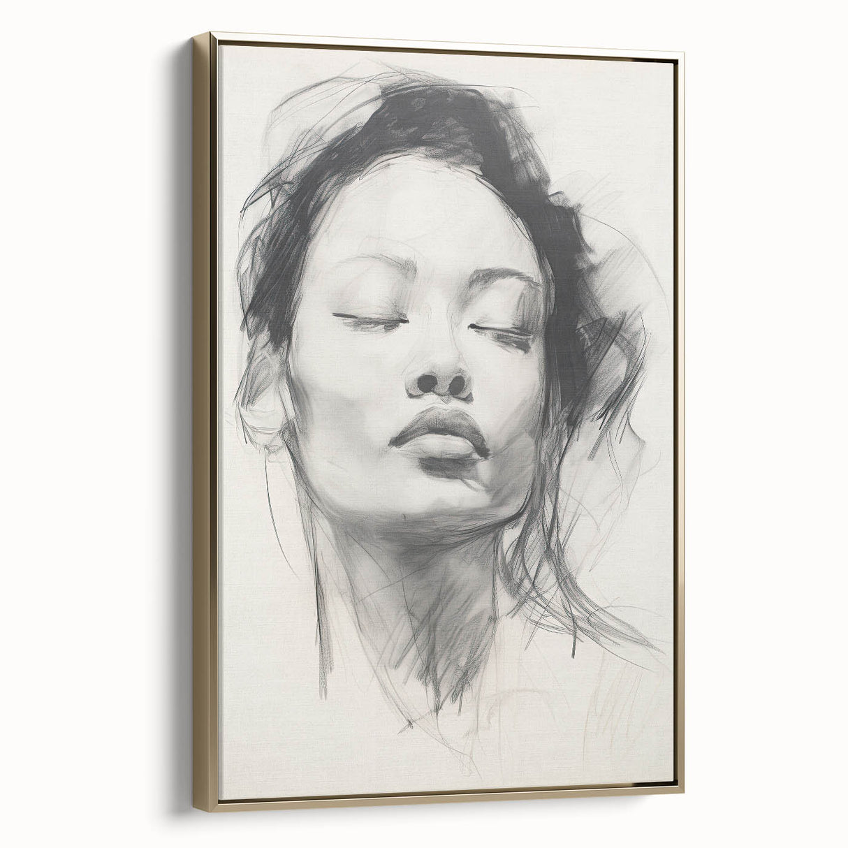 Framed abstract minimalist wall art showcasing a gold design against a neutral background, perfect for modern home decor. Side view highlights the sleek frame and luxurious finish.