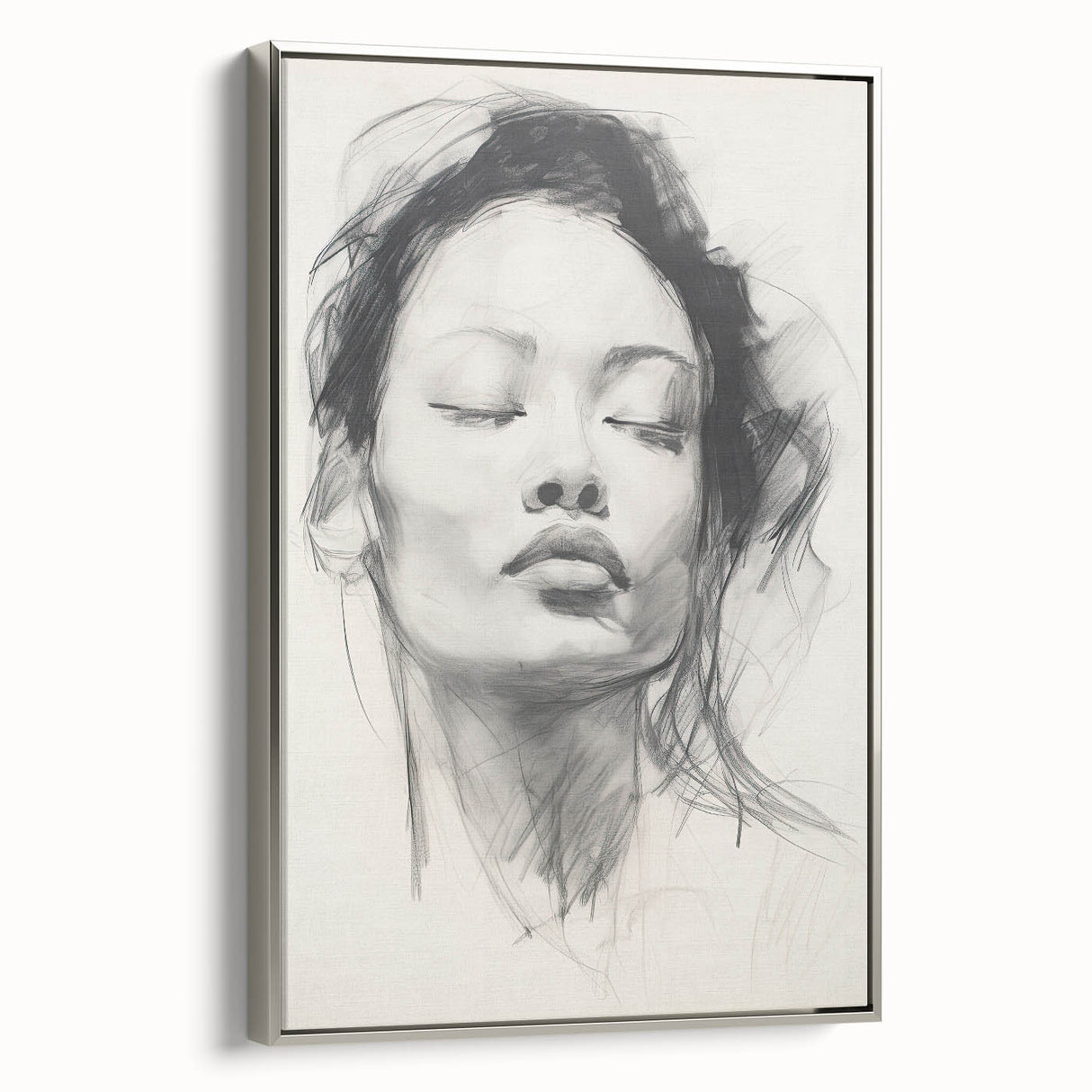 Framed abstract minimalist wall art in silver tones, showcasing a sleek design with clean lines and a modern aesthetic, perfect for contemporary decor.