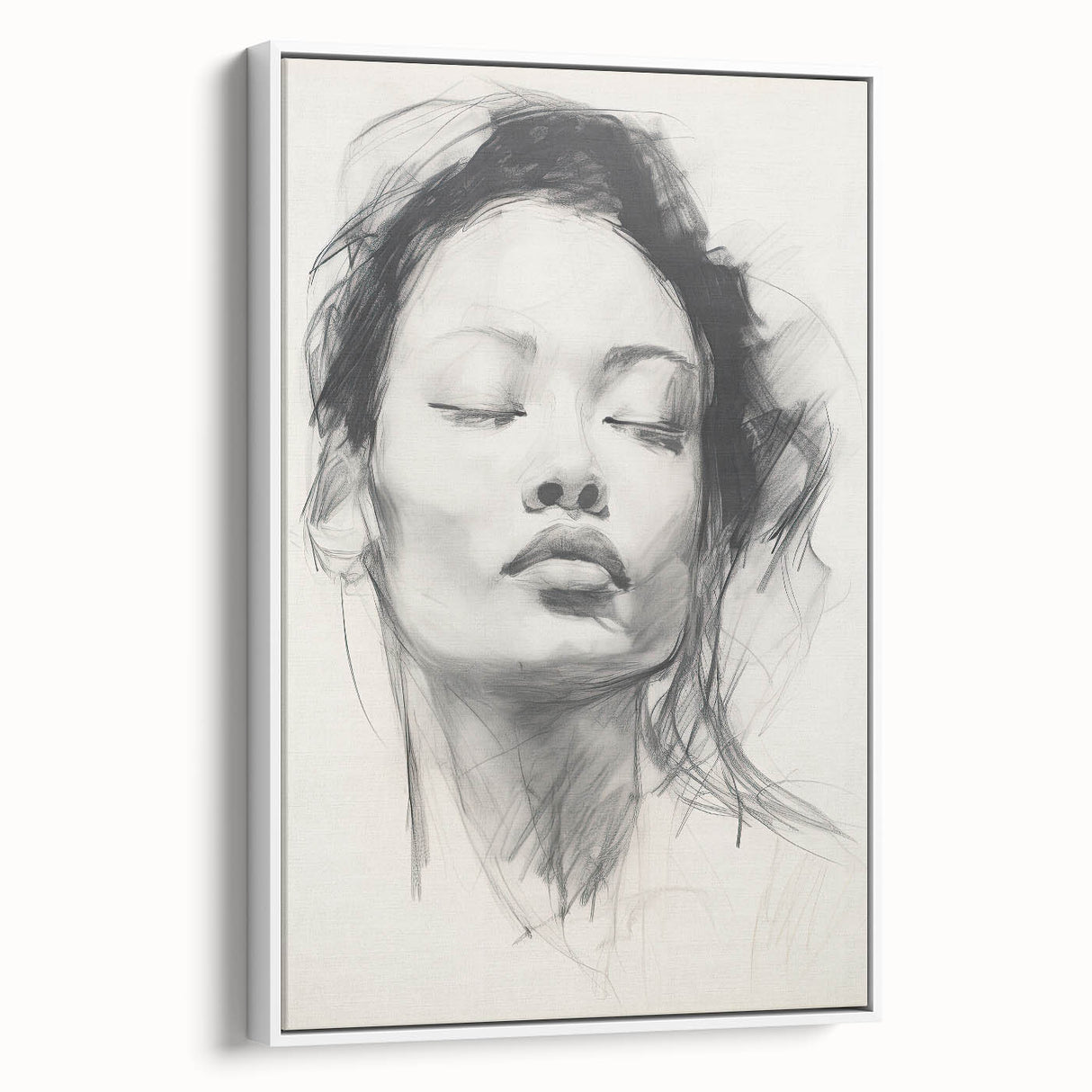 Framed minimalist wall art featuring an abstract design with subtle white tones, displayed from a side view, perfect for modern home decor.