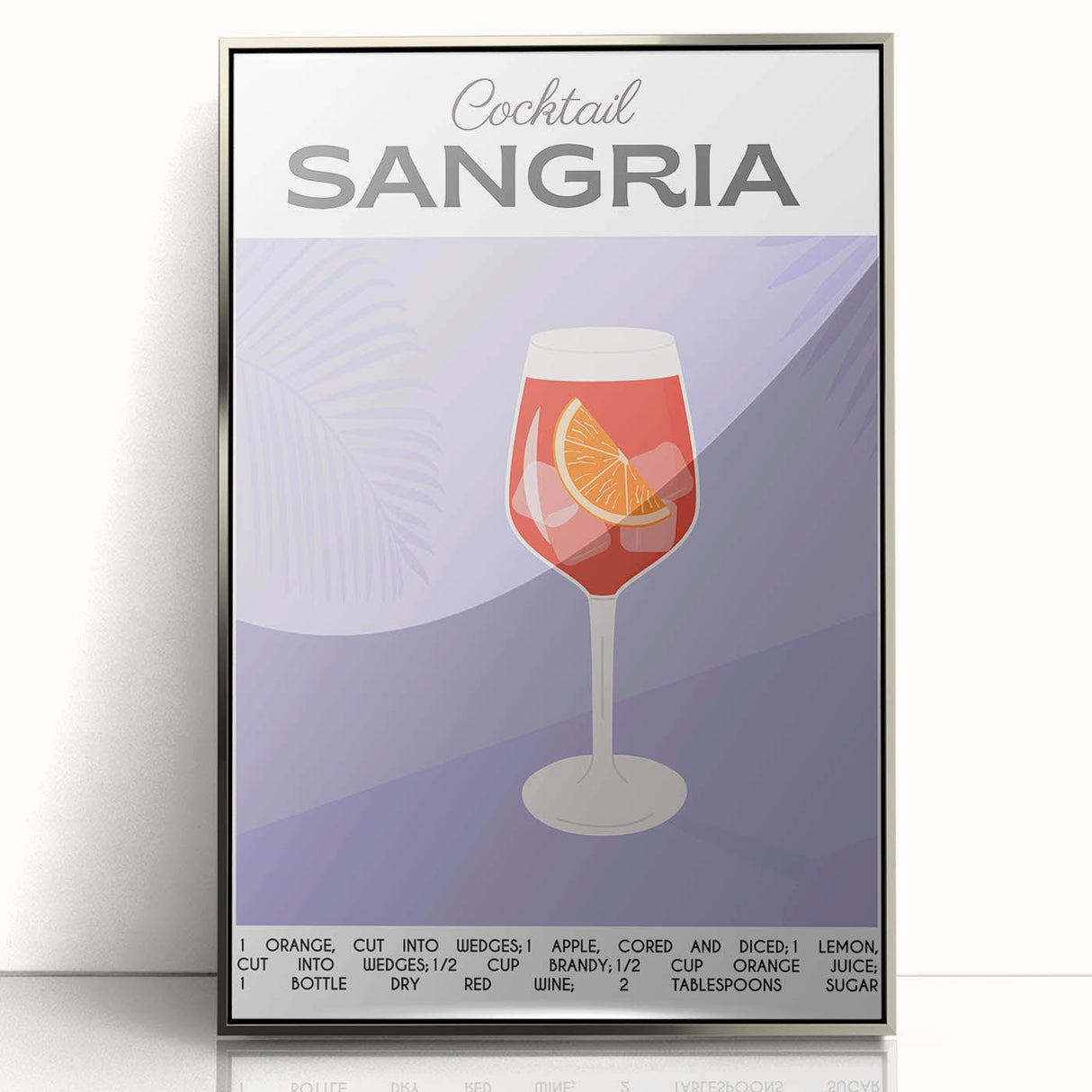 Mid-century modernist art of food and drinks, in muted earth tones on a silver-framed acrylic panel.