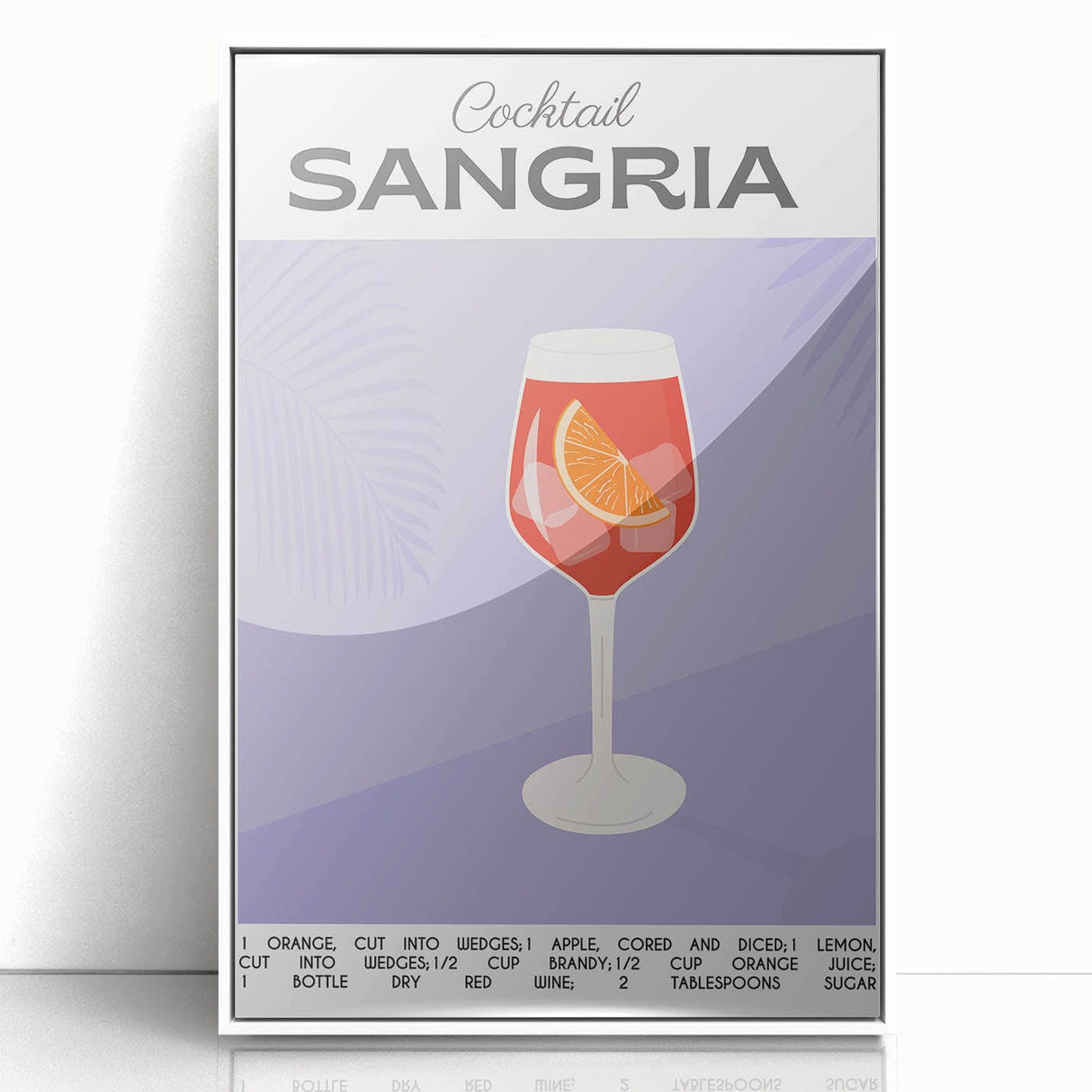 Art deco poster of assorted beverages and fruits in bold black outlines on a white acrylic frame.