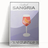 Art deco poster of assorted beverages and fruits in bold black outlines on a white acrylic frame.