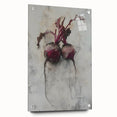 Large abstract wall art featuring assorted fruits in vibrant colors on acrylic glass, ideal for dining room decor.
