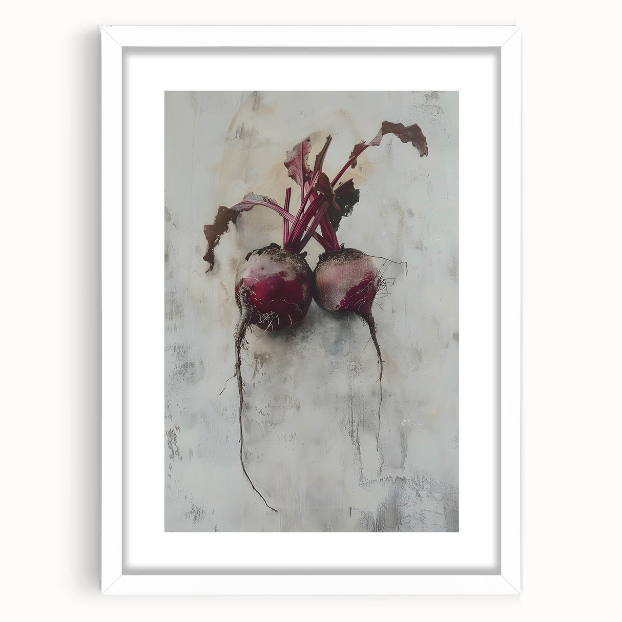 Abstract art print featuring an assortment of fruits in vibrant colors, framed in white, suitable for dining room decor.