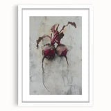 Abstract art print featuring an assortment of fruits in vibrant colors, framed in white, suitable for dining room decor.